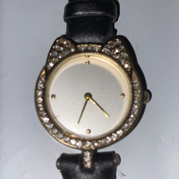 Jessica Carlyle Women's Gold Tone Black Band Cat Rhinestone Bezel Quartz Watch - Picture 3 of 12